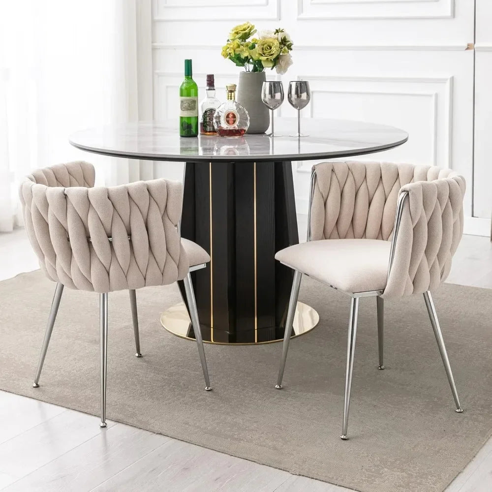 Modern linen dining chair with woven back and silver metal legs – set of 6