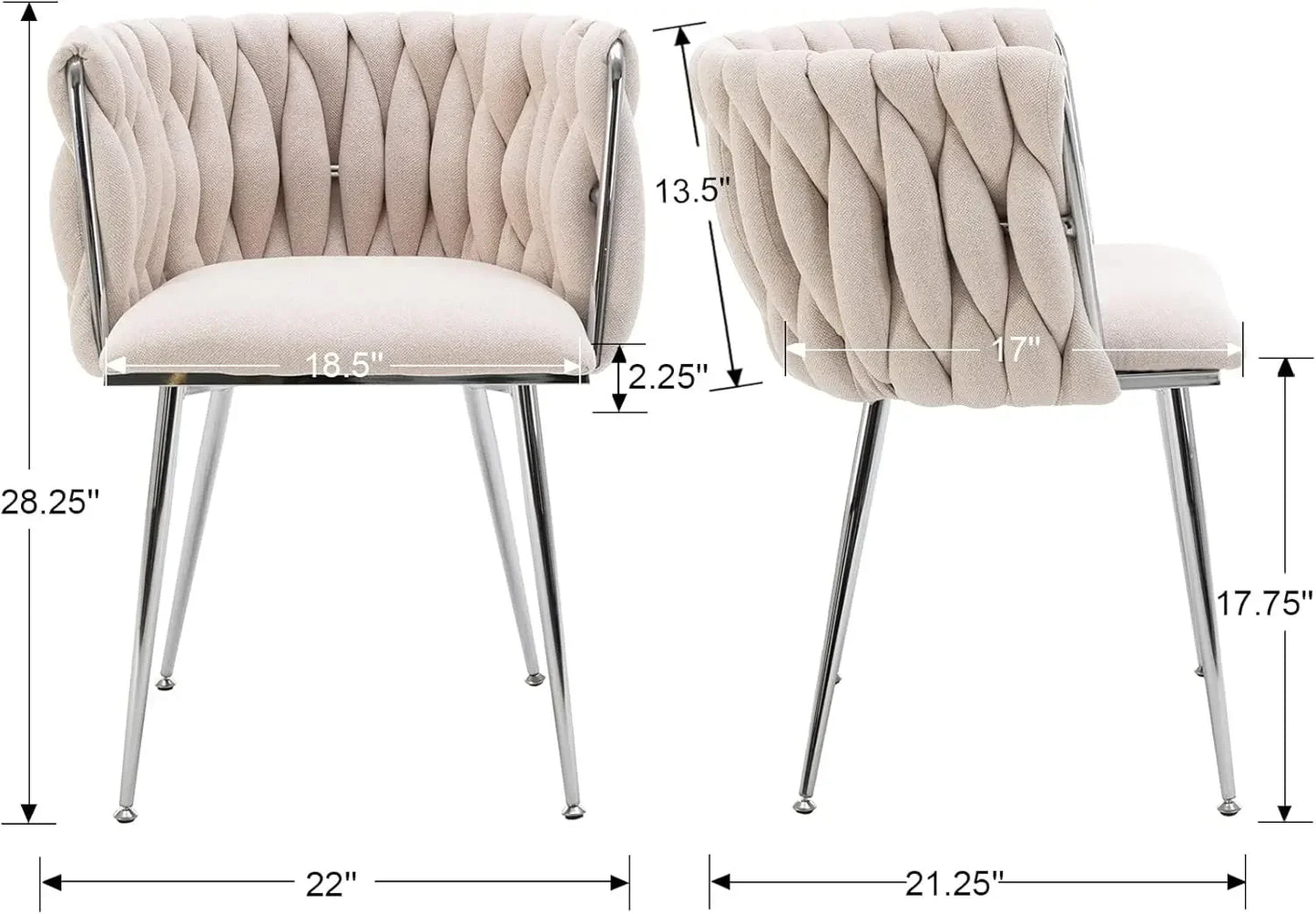 Modern linen dining chair with woven back and silver metal legs – set of 6