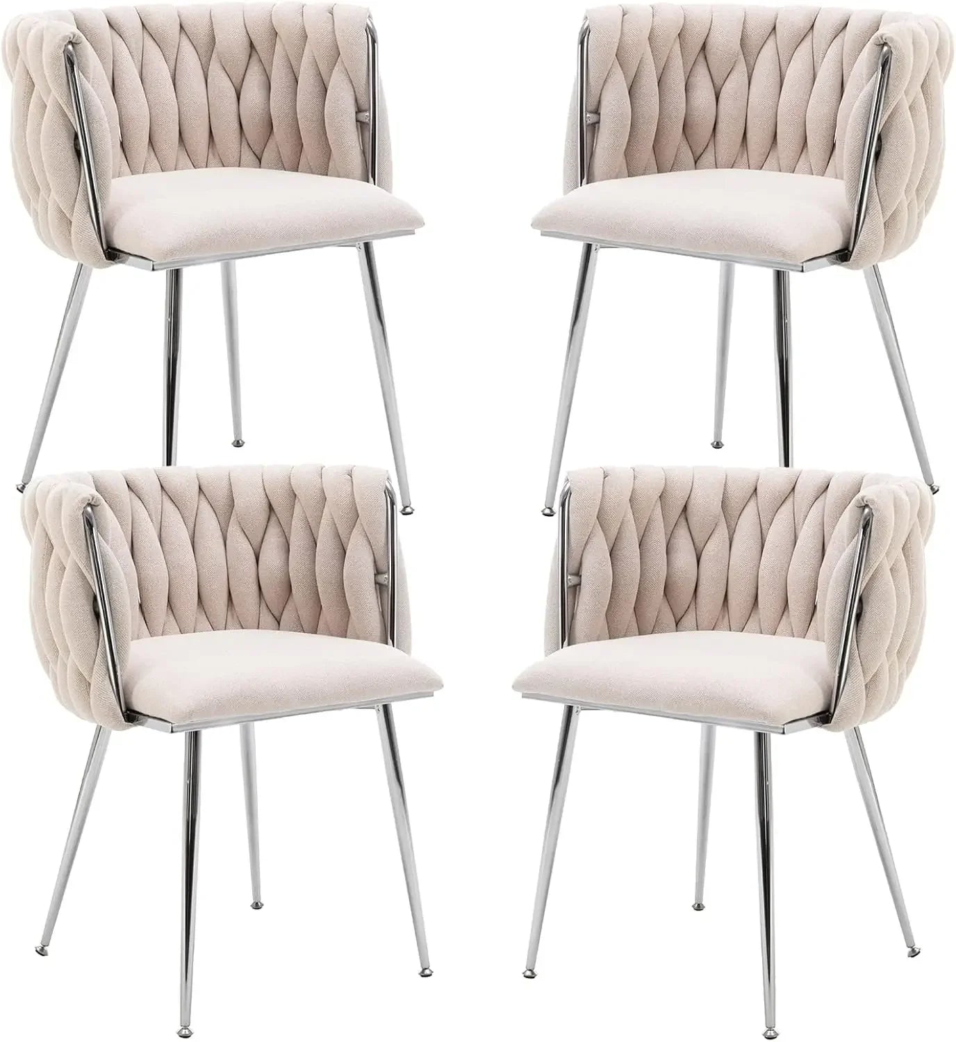 Modern linen dining chair with woven back and silver metal legs – set of 6