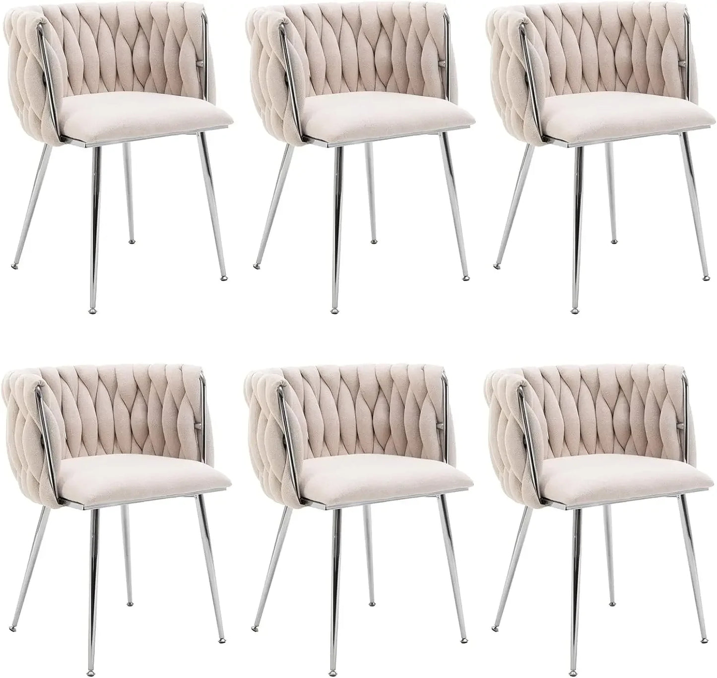 Modern linen dining chair with woven back and silver metal legs – set of 6