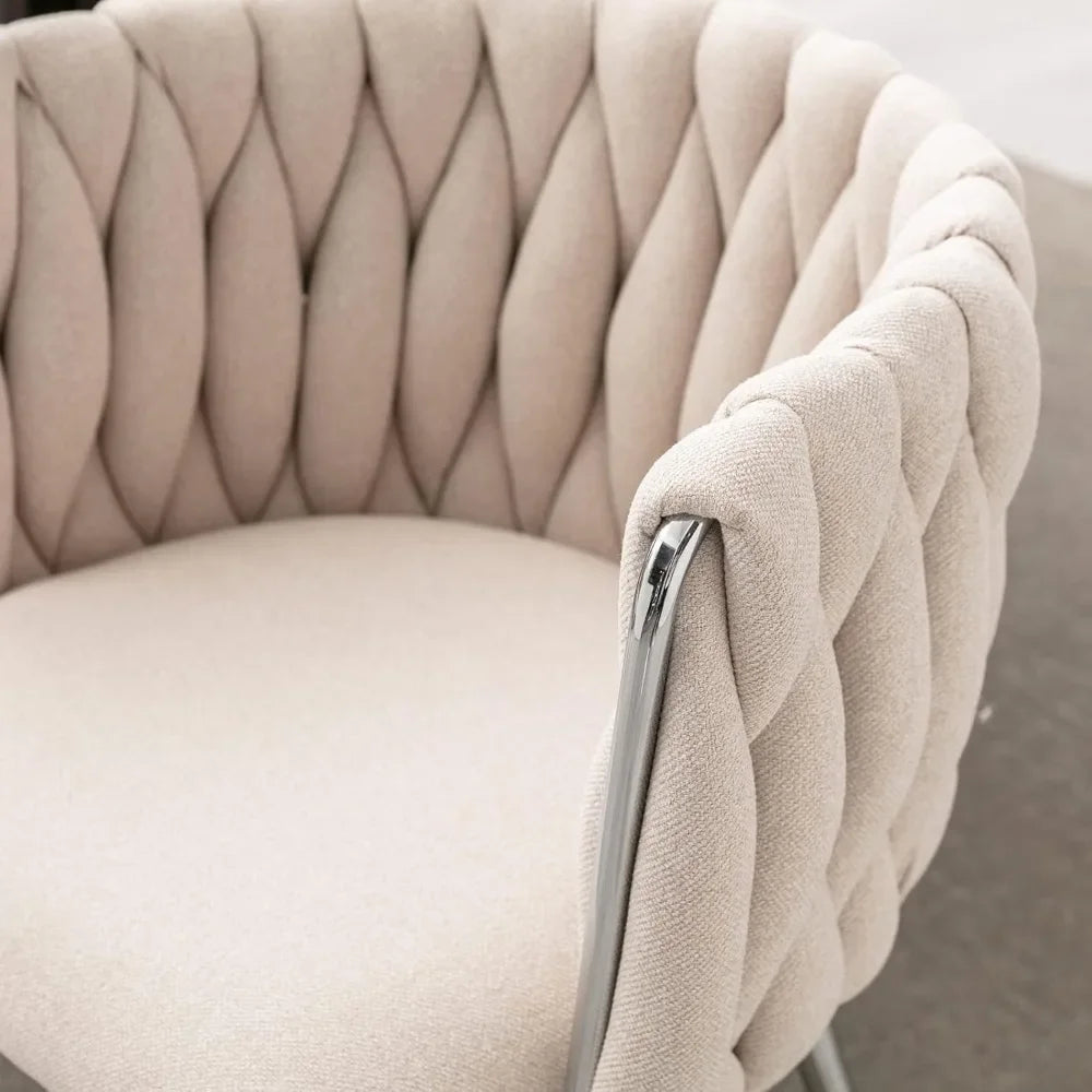 Modern linen dining chair with woven back and silver metal legs – set of 6