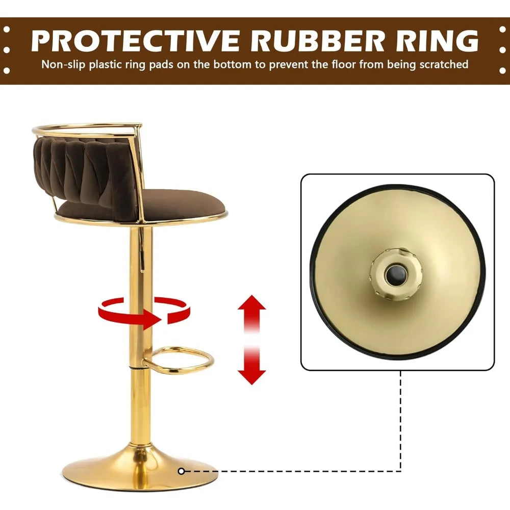 Gold bar stool with protective rubber ring feature on a white background