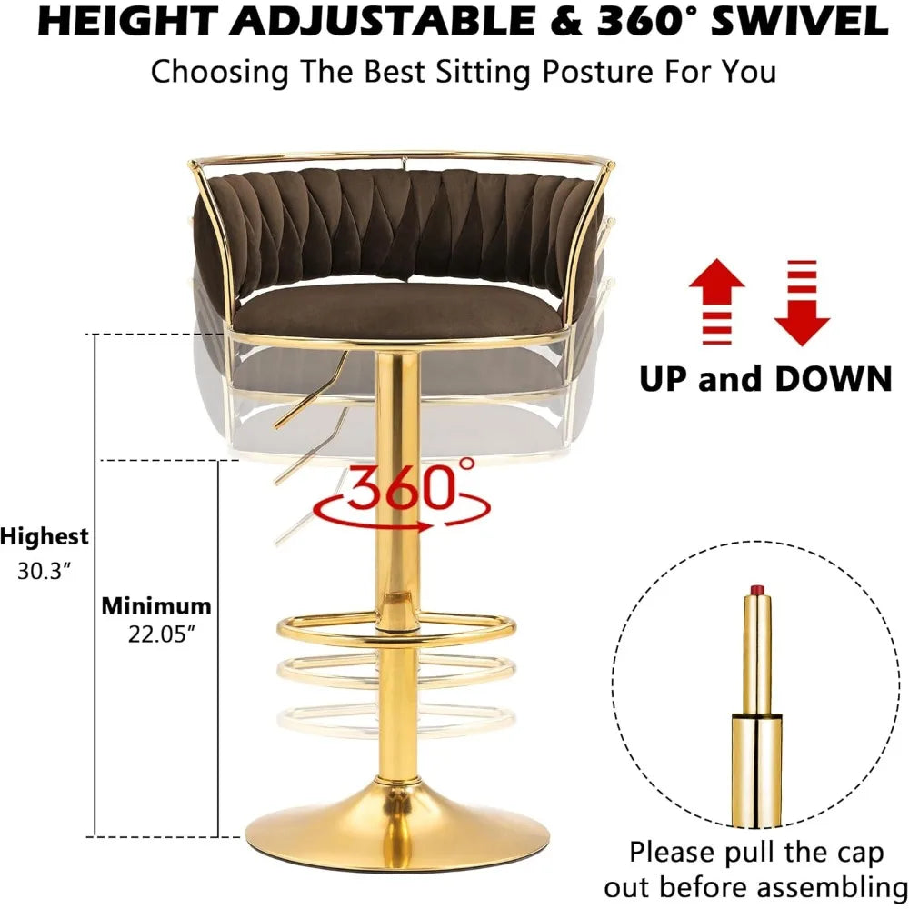 Height adjustable swivel chair with gold base and brown cushion, featuring dimensions and assembly instructions.
