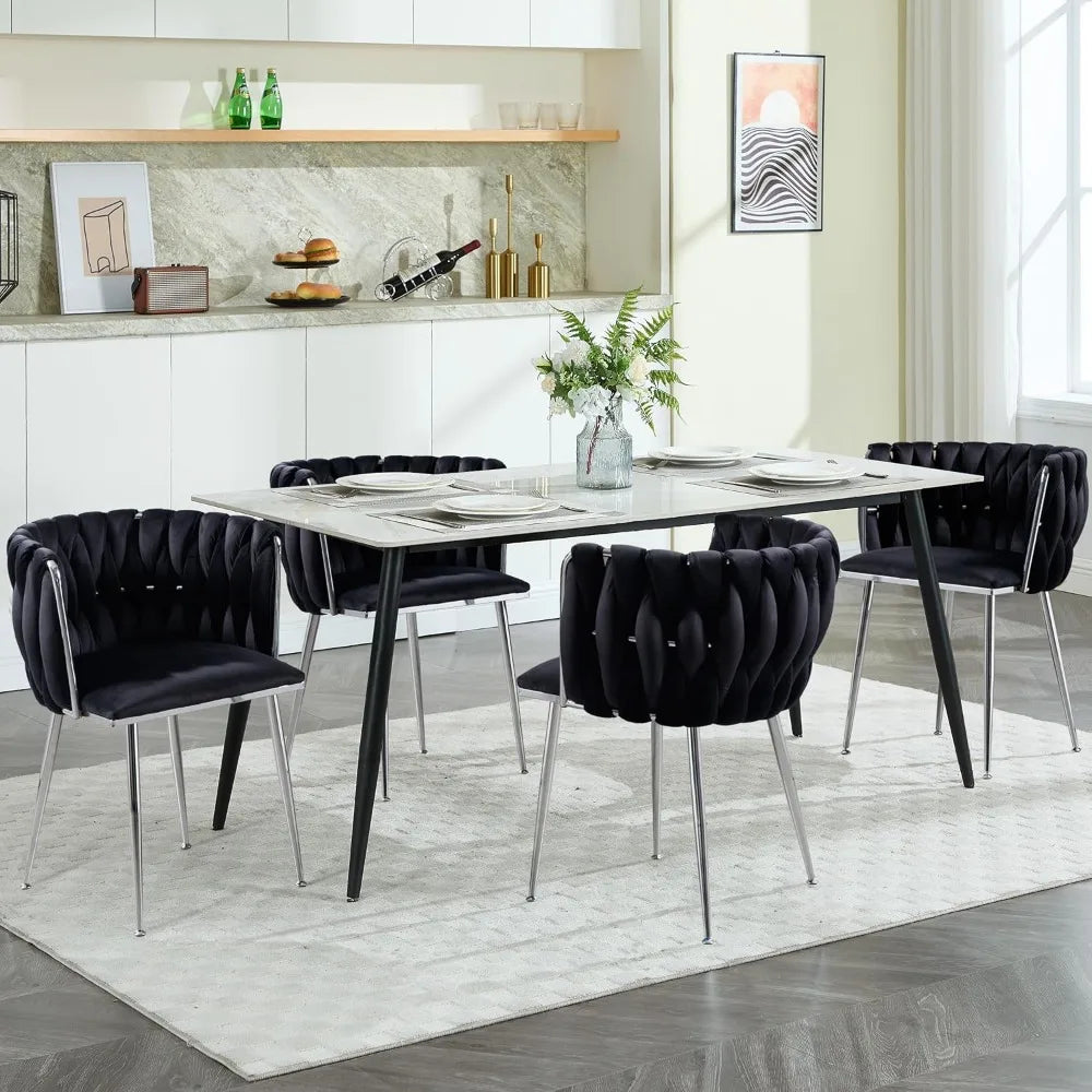 Modern velvet woven dining chair with silver metal legs for kitchen or dining room