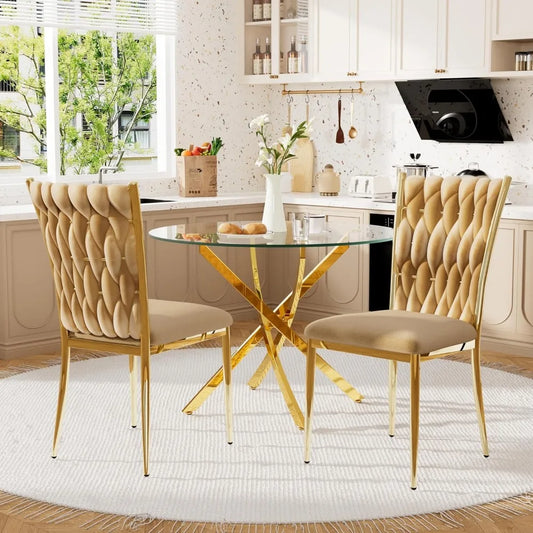 Set of 2 modern velvet dining chairs with woven upholstery and gold metal legs