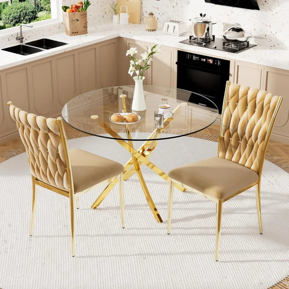 Set of 2 modern velvet dining chairs with woven upholstery and gold metal legs