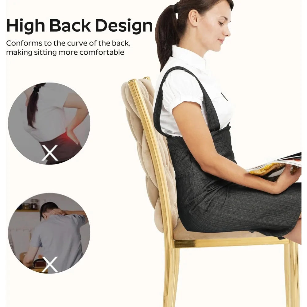 Set of 2 modern velvet dining chairs with woven upholstery and gold metal legs