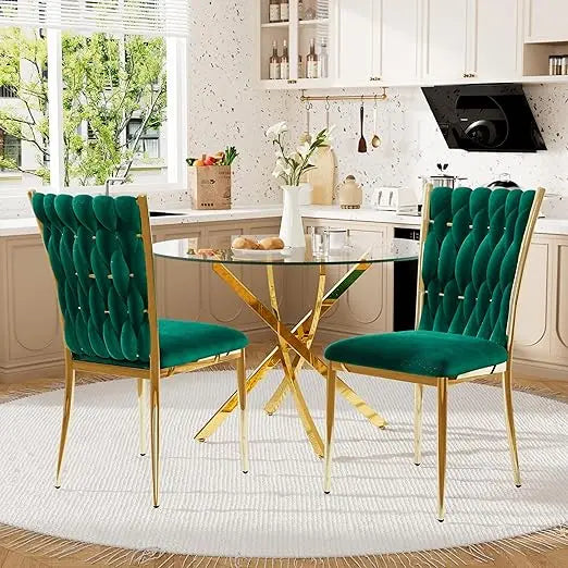 Set of 2 modern velvet dining chairs with woven upholstery and gold metal legs