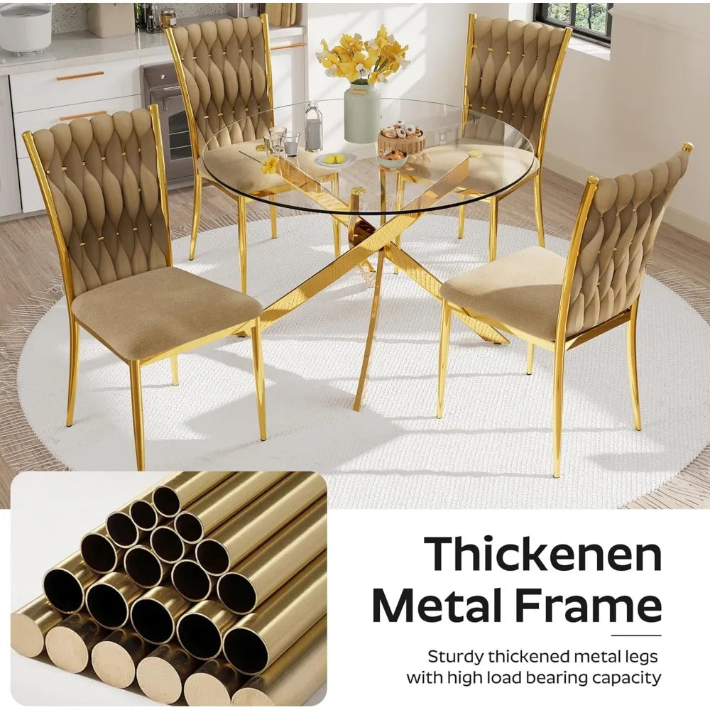 Set of 2 modern velvet dining chairs with woven upholstery and gold metal legs