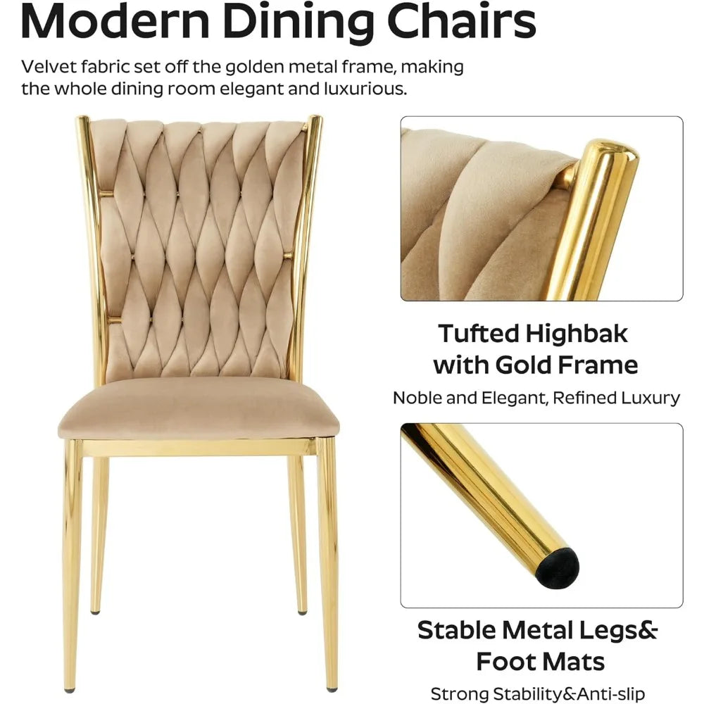 Set of 2 modern velvet dining chairs with woven upholstery and gold metal legs