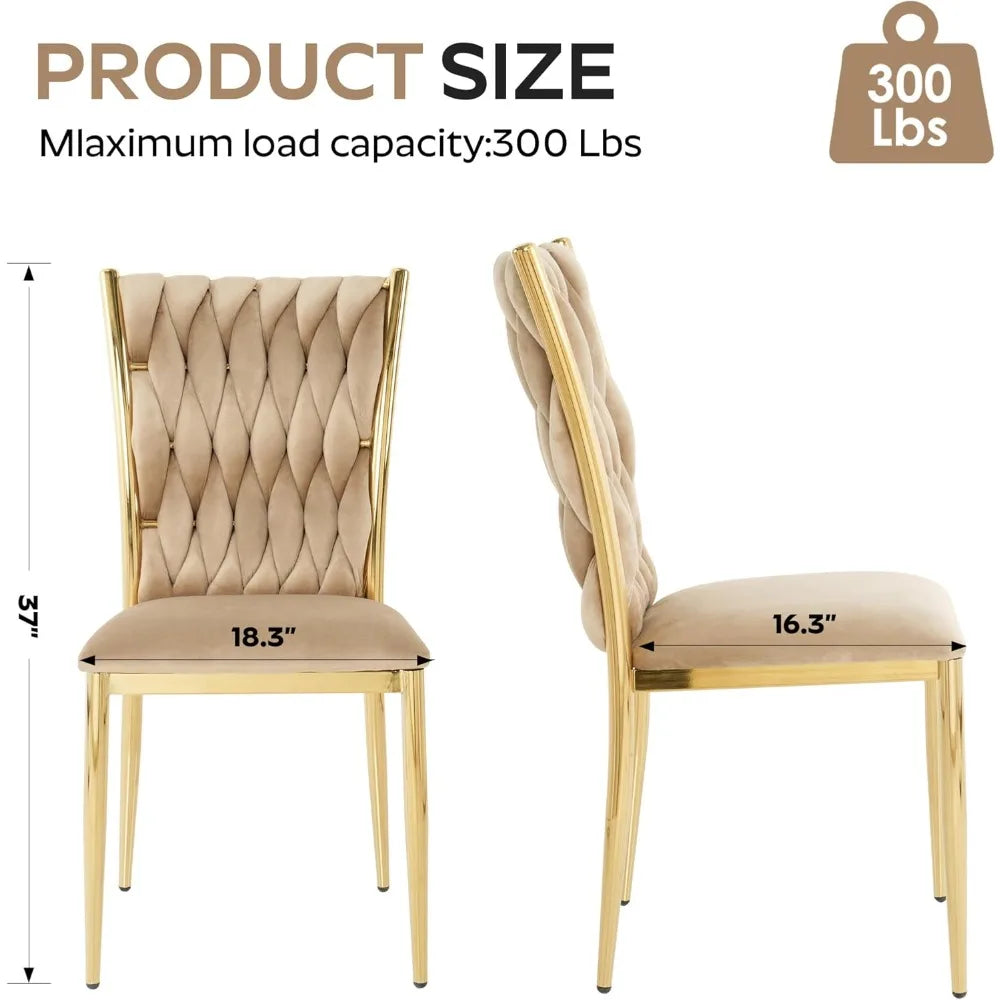 Set of 2 modern velvet dining chairs with woven upholstery and gold metal legs