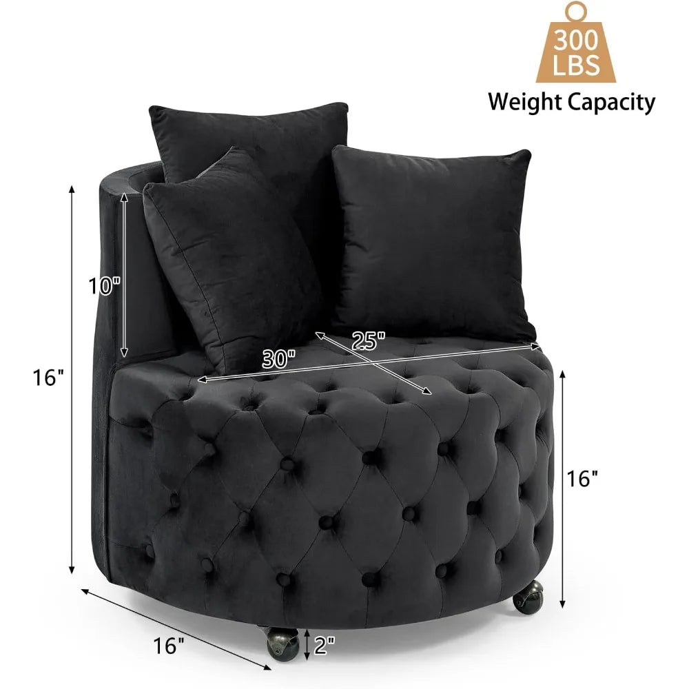 Black tufted ottoman with dimensions and weight capacity label on a white background