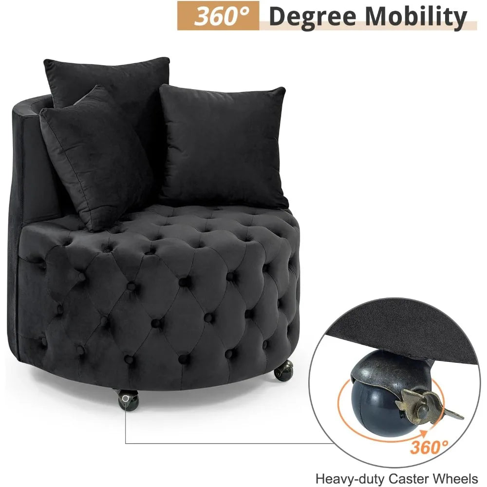 Black tufted armchair with 360-degree mobility feature and heavy-duty caster wheels illustration.