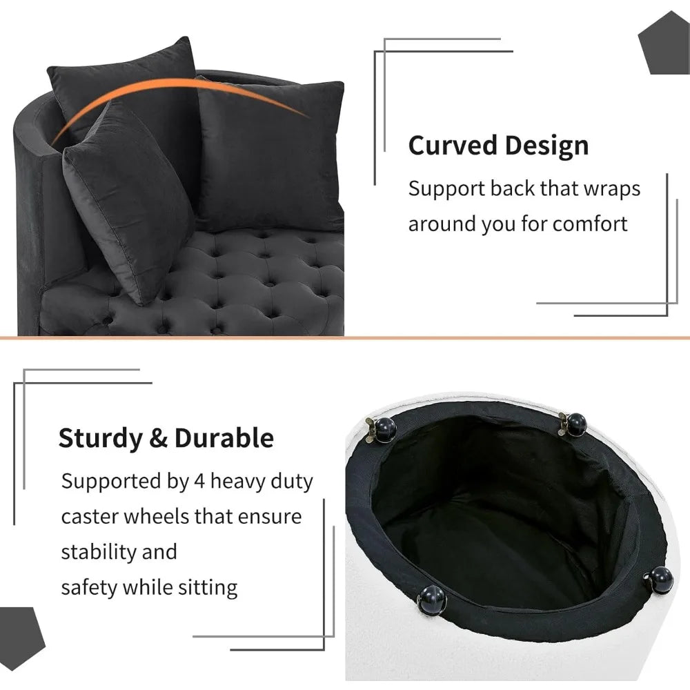Black tufted ottoman with curved design and caster wheels, featuring text on comfort and durability.